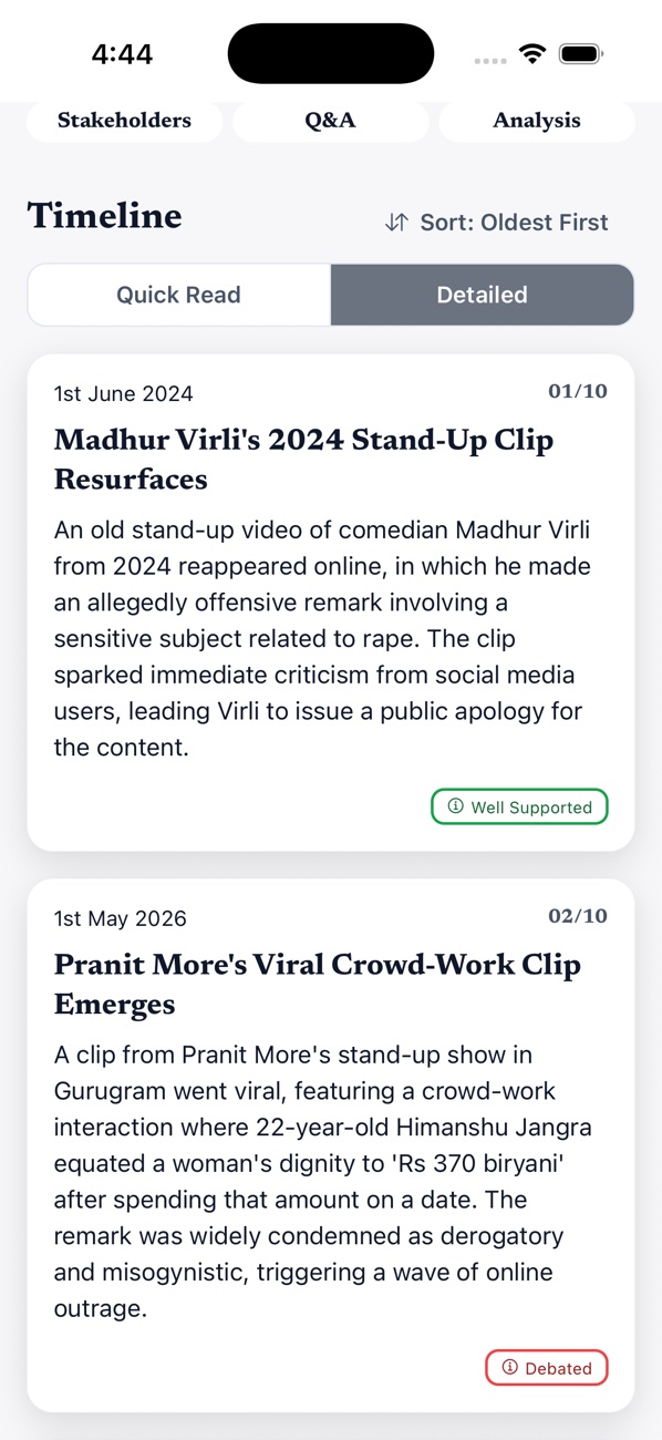 Wait, What? running on iPhone with a Debated evidence label on a social media story timeline