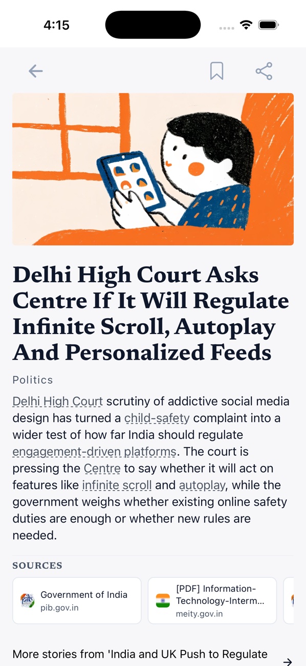 Wait, What? running on iPhone with underlined contextual terms and sources on the social media regulation story
