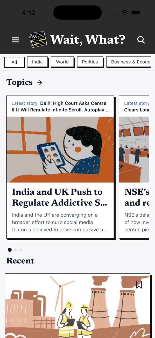 Wait, What? running on iPhone with the social media regulation story in the topics feed