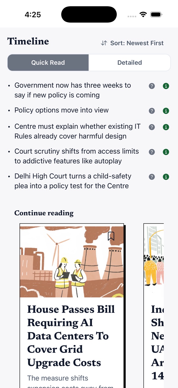 Wait, What? running on iPhone with Quick Read open on the social media regulation story
