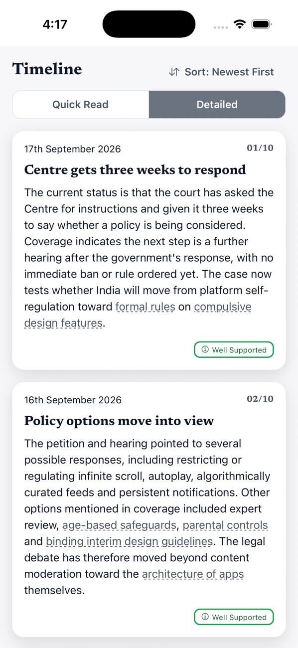 Wait, What? running on iPhone with the detailed timeline for the social media regulation story